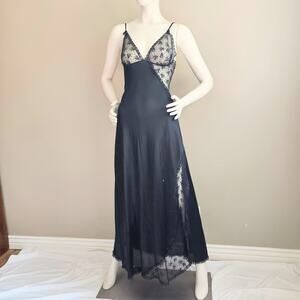 Vintage Black Sheer Lace Trim Sheer Slip Size M Side Slit Asymetric Babydoll